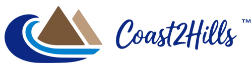 Coast 2 Hills Creations logo: a blue wave curling in front of brown and tan mountains, beside the Coast2Hills wordmark